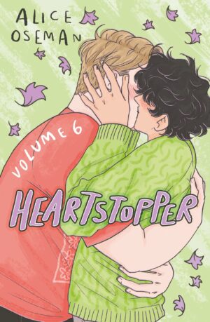 A boy with brown curly hair embraces and kisses a boy with blonde hair. Heartstopper Volume 6 by Alice Oseman.